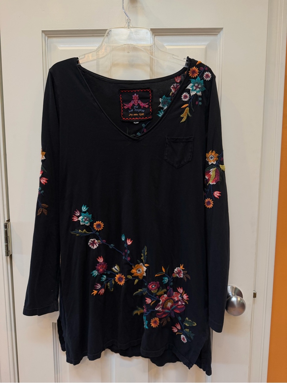 Soft Black Long-Sleeve V-Neck Top with Multicolor Floral Embroidery